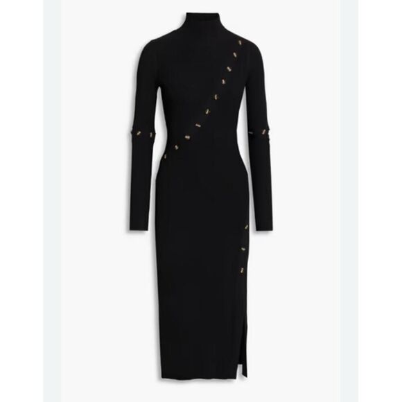 Nicholas Dress Size M Black Button Bodycon Ribbed Turtleneck Asymmetric Midi - Picture 1 of 7